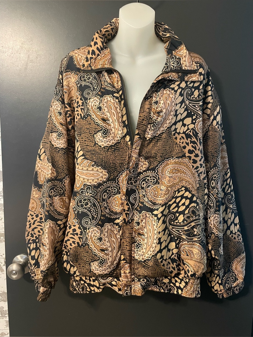 Fu Da 100% Silk Paisley Leopard Print Bomber Jacket Size L
